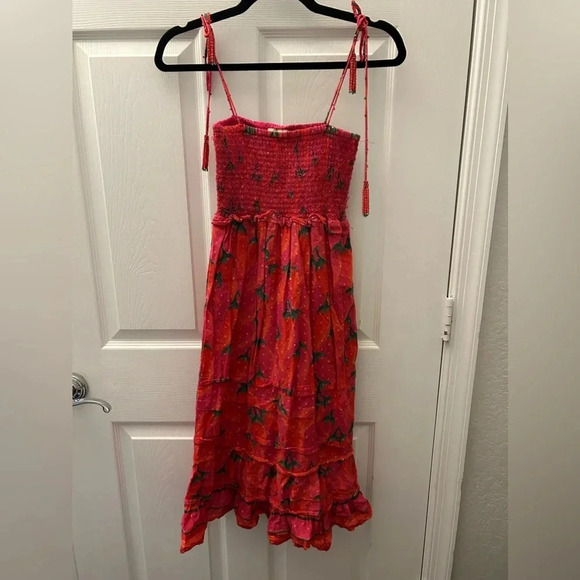 Farm Rio Red Pepper Smocked Tie Ruffle Hem Beaded Strap Dress Red XSmall - Picture 2 of 6